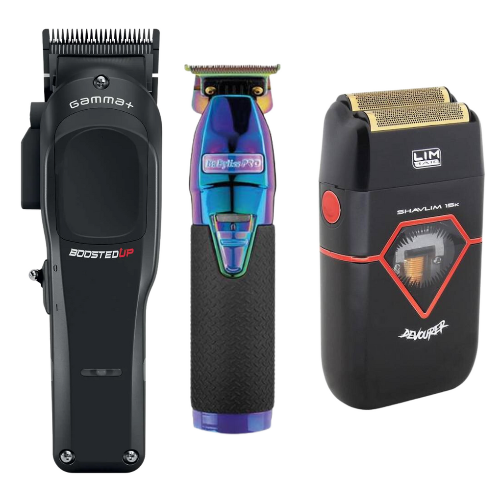 Gamma Piu Boosted Up Clipper + Skeleton Boost Trimmer Babyliss + Shavlim Devourer Shaver