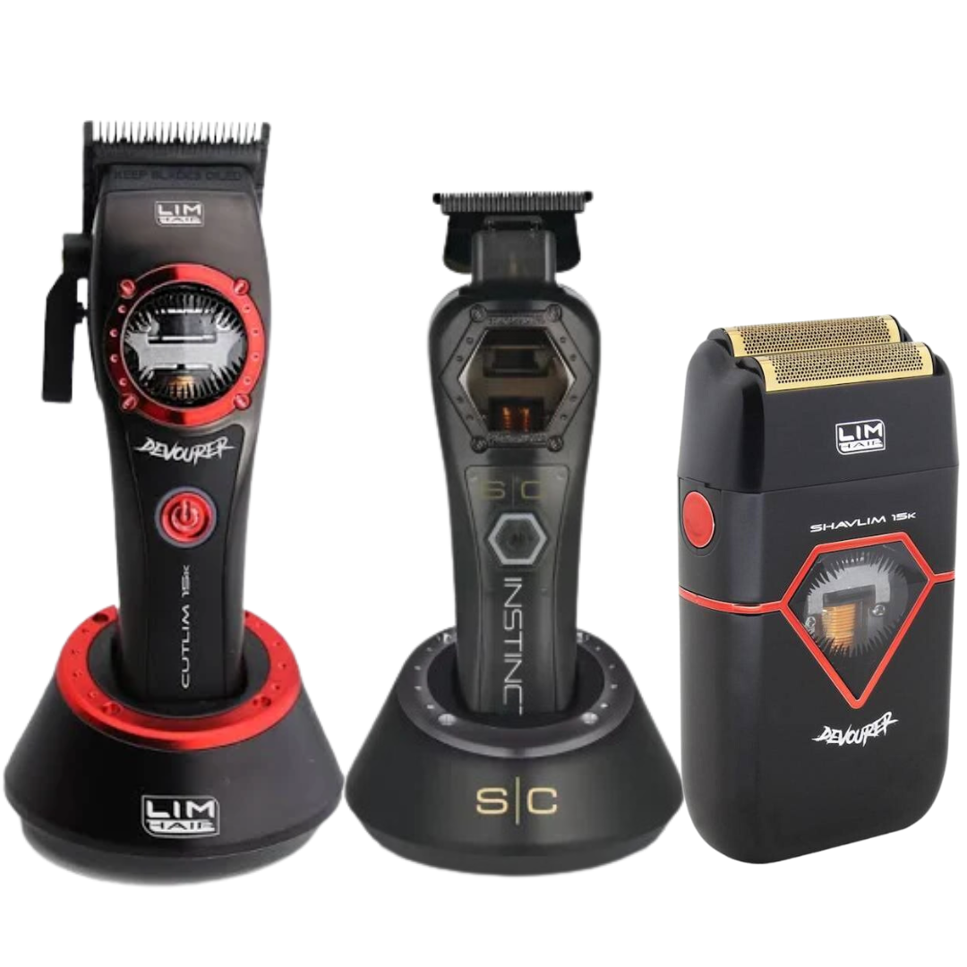 Combo Cutlim Devourer Clipper 15K + Stylecraft Instinct Trimmer Metal Edition + Shavlim Devourer Shaver 15K