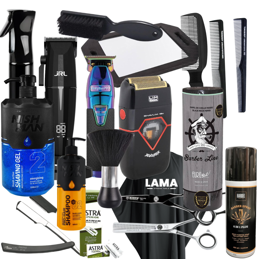 Starter Pack Barber Premium – JRL Onyx, Skeleton Boost+, Devourer, Kiepe Monster, 3 Claveles Azabache, Jaguar Metal R1, Astra, Nishman, Bifull & Eurostil