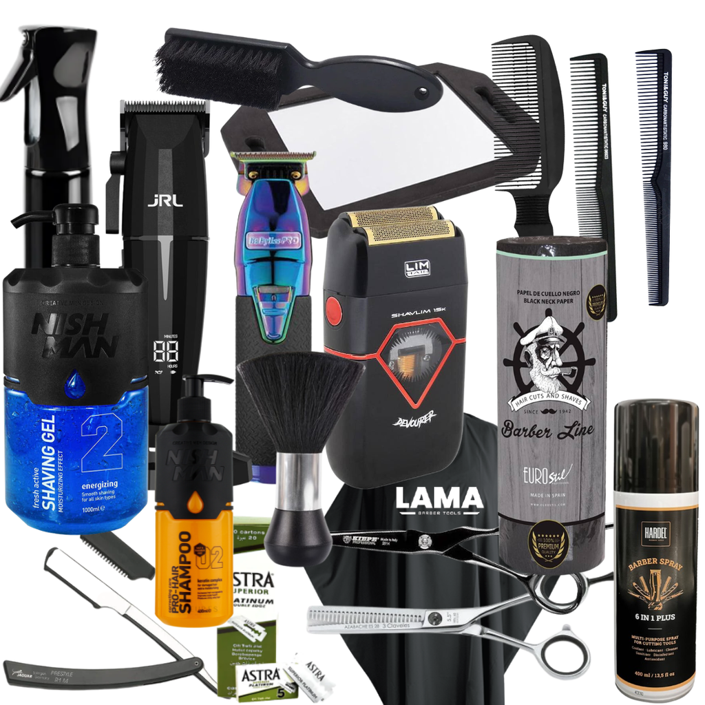 Starter Pack Barber Premium – JRL Onyx, Skeleton Boost+, Devourer, Kiepe Monster, 3 Claveles Azabache, Jaguar Metal R1, Astra, Nishman, Bifull & Eurostil