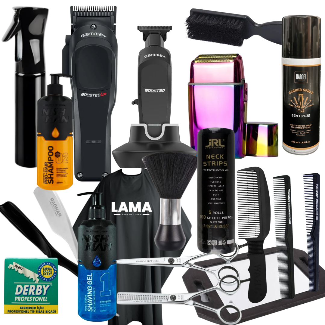 Starter Pack Barber – Pro: Gamma Piu Boosted UP, Gamma Piu Boosted, FX02, 3 Claveles Azabache, Ragnar Precise, Derby, Nishman 1 y 02, Peines Bifull, Papel Cuello JRL y desinfectante