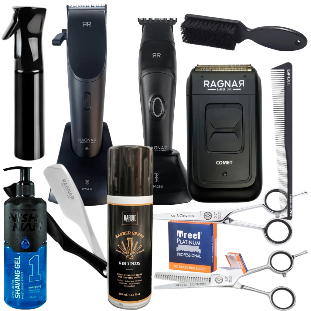 Starter Pack Academy – Economy (Ragnar Space X + Ragnar Space S + Ragnar Comet + 3 Claveles Air (Corte) + 3 Claveles Air (Entresacar) + Ragnar Precise + Treet + Shaving Gel 1 Nishman + Bifull 12 + Pulverizador + Cepillo Fade Bifull + Spray 6 en 1 Hardel)