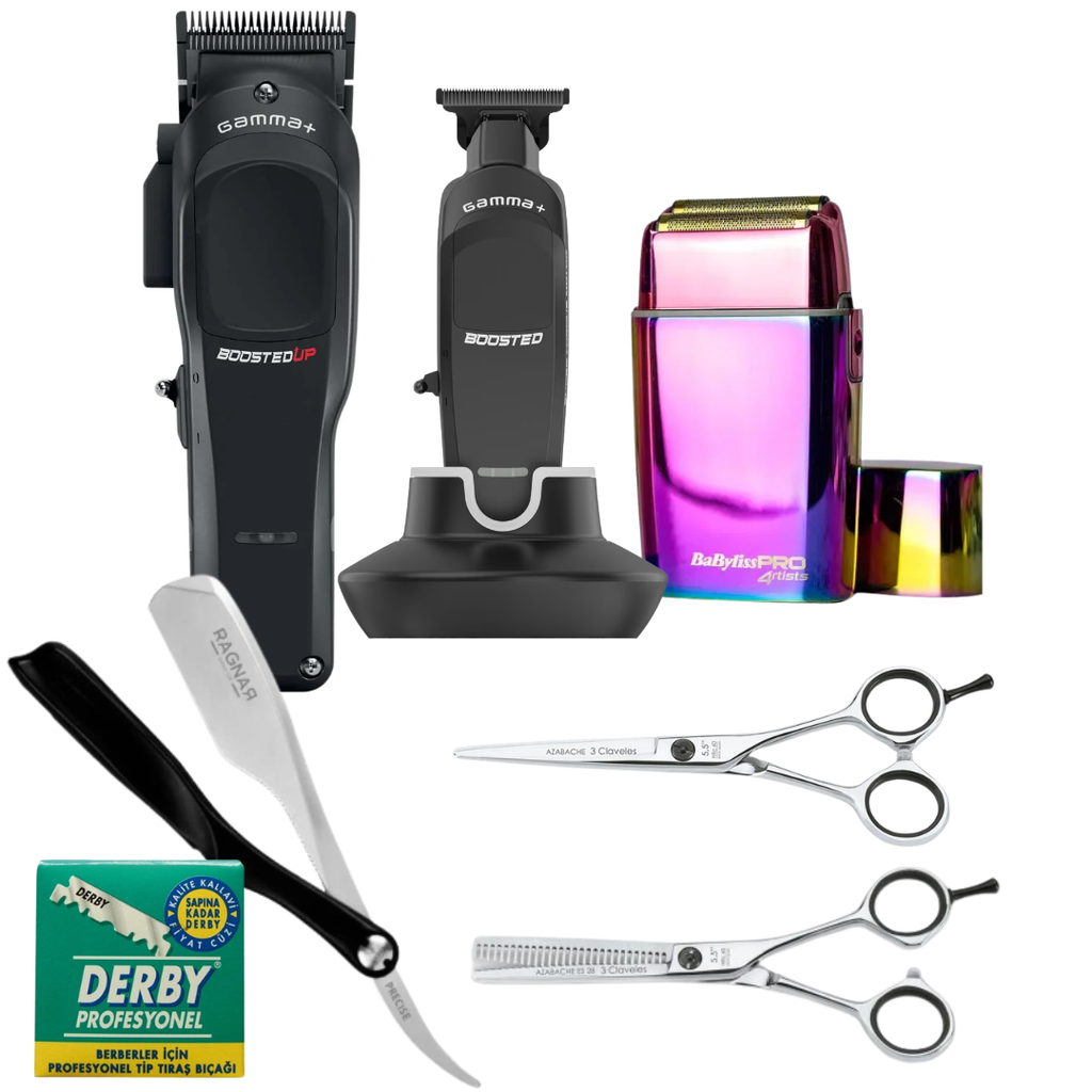 Starter Pack Basic – Pro: Gamma Piu Boosted UP, Gamma Piu Boosted Trimmer, FX02 Shaver, Tijeras 3 Claveles Azabache Corte y Entresacar, Ragnar Precise y Cuchillas Derby