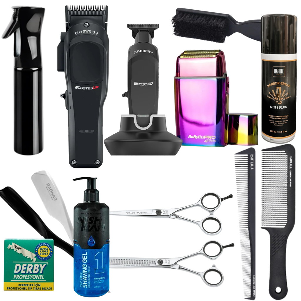 Starter Pack Academy – Pro: Gamma Piu Boosted UP, Gamma Piu Boosted, FX02, 3 Claveles Azabache, Ragnar Precise, Derby, Nishman 1, Peines Bifull, Desinfectante