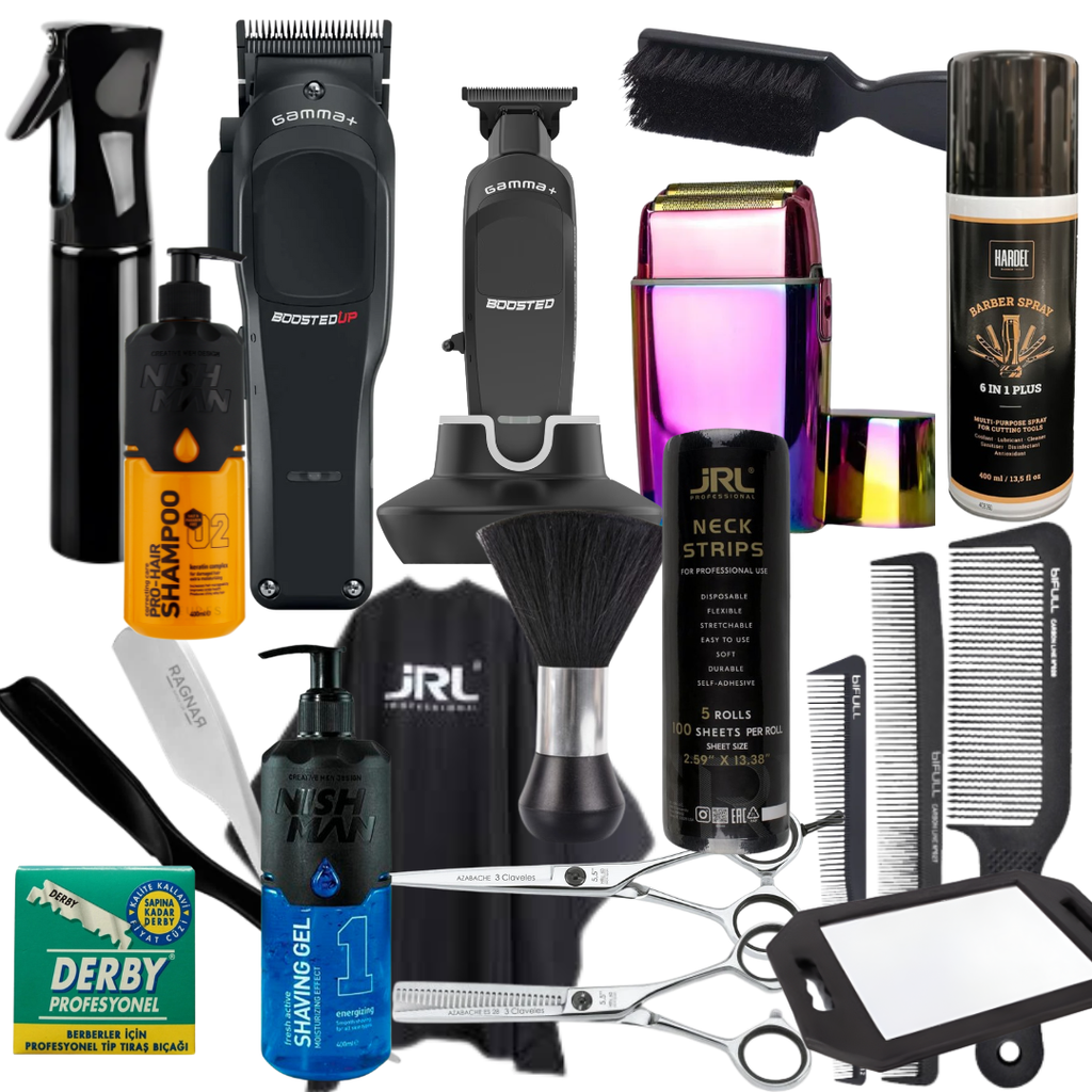 Starter Pack Barber – Pro: Gamma Piu Boosted UP, Gamma Piu Boosted, FX02, 3 Claveles Azabache, Ragnar Precise, Derby, Nishman 1 y 02, Peines Bifull, Papel Cuello JRL y desinfectante