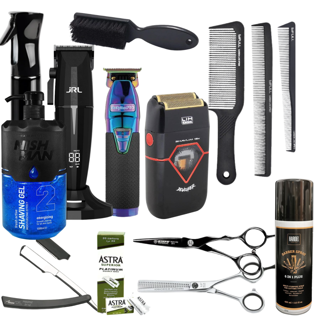 Starter Pack Academy Premium – JRL Onyx, Skeleton Boost+, Devourer, Kiepe Monster, 3 Claveles Azabache, Jaguar Metal R1, Astra, Shaving Gel 2 Nishman, Bifull & Hardel