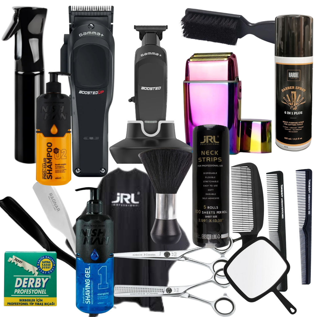 Starter Pack Barber – Pro: Gamma Piu Boosted UP, Gamma Piu Boosted, FX02, 3 Claveles Azabache, Ragnar Precise, Derby, Nishman 1 y 02, Peines Bifull, Papel Cuello JRL y desinfectante