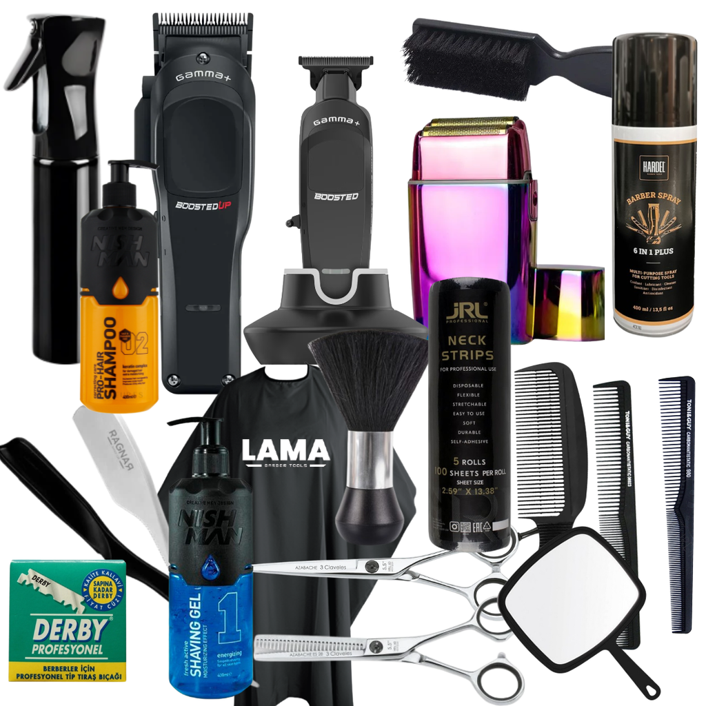 Starter Pack Barber – Pro: Gamma Piu Boosted UP, Gamma Piu Boosted, FX02, 3 Claveles Azabache, Ragnar Precise, Derby, Nishman 1 y 02, Peines Bifull, Papel Cuello JRL y desinfectante